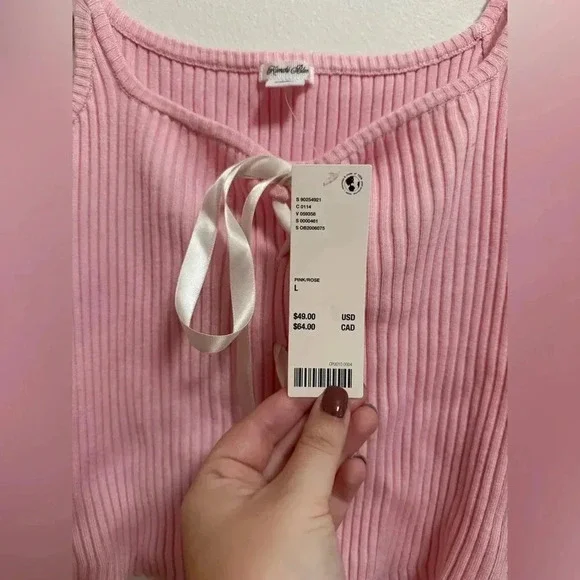 NWT - Urban Outfitters - Kimchi Blue - Pink Baby Doll Bow Ribbed Tank - Size L - Picture 5 of 8